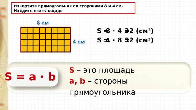 Начертите прямоугольник со сторонами 8 и 4 см. Найдите его площадь 8 · 4 = S  = 32 (см 2 ) 32 (см 2 ) 4 · 8 = S  = S – это площадь а, b  – стороны прямоугольника S = a · b 
