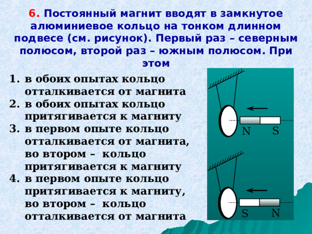 6. Постоянный магнит вводят в замкнутое алюминиевое кольцо на тонком длинном подвесе (см. рисунок). Первый раз – северным полюсом, второй раз – южным полюсом. При этом в обоих опытах кольцо отталкивается от магнита в обоих опытах кольцо притягивается к магниту в первом опыте кольцо отталкивается от магнита, во втором – кольцо притягивается к магниту в первом опыте кольцо притягивается к магниту, во втором – кольцо отталкивается от магнита 