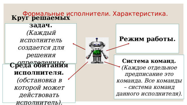 Формальные исполнители. Характеристика. Круг решаемых задач. (Каждый исполнитель создается для решения определенных задач). Режим работы. Система команд. (Каждое отдельное предписание это команда. Все команды – система команд данного исполнителя). Среда обитания исполнителя. (обстановка в которой может действовать исполнитель). 