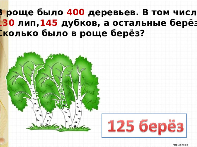 В роще было 400 деревьев. В том числе 130 лип, 145 дубков, а остальные берёзы. Сколько было в роще берёз? 
