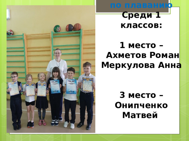 Соревнование по плаванию  Среди 1 классов:   1 место –  Ахметов Роман  Меркулова Анна   3 место – Онипченко Матвей 