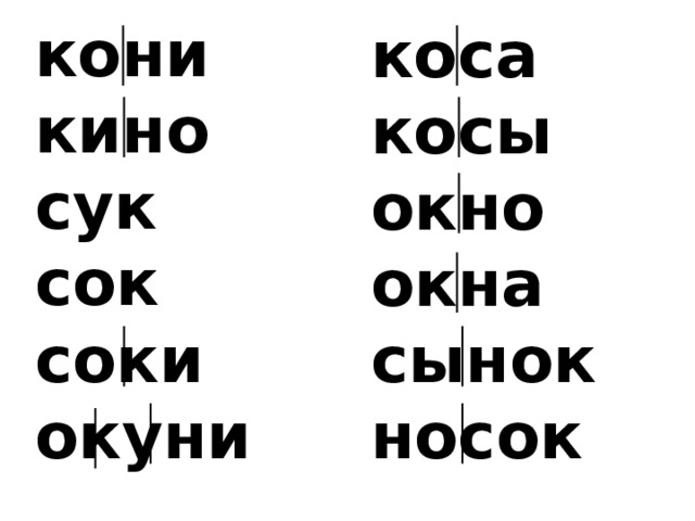 кони кино сук сок соки окуни  коса косы окно окна сынок носок  