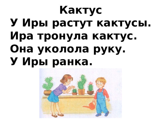 Кактус У Иры растут кактусы. Ира тронула кактус. Она уколола руку. У Иры ранка. 