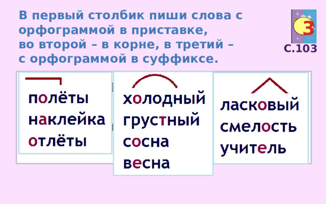 В первый столбик пиши слова с орфограммой в приставке, во второй – в корне, в третий – с орфограммой в суффиксе. 3 С.103 