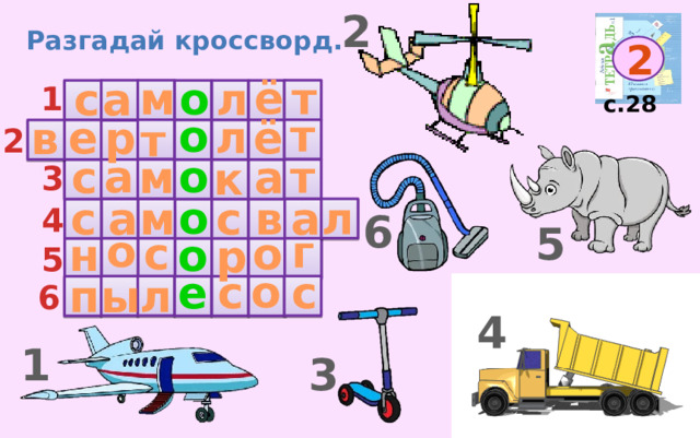 2 Разгадай кроссворд. 2 ё т о м л с а 1 с.28 т о ё е л в р т 2 а о с м а т к 3 о а л с а м с в 4 6 5 о г о с н о р 5 о е с с п ы л 6 4 1 3 