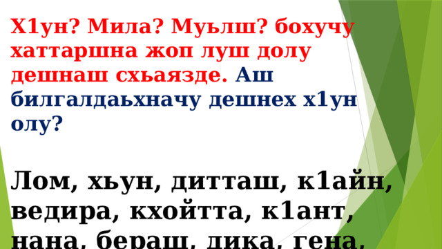 Х1ун? Мила? Муьлш? бохучу хаттаршна жоп луш долу дешнаш схьаязде. Аш билгалдаьхначу дешнех х1ун олу?  Лом, хьун, дитташ, к1айн, ведира, кхойтта, к1ант, нана, бераш, дика, гена, вог1у, ракета, кема, йовха, шело, некъ. 