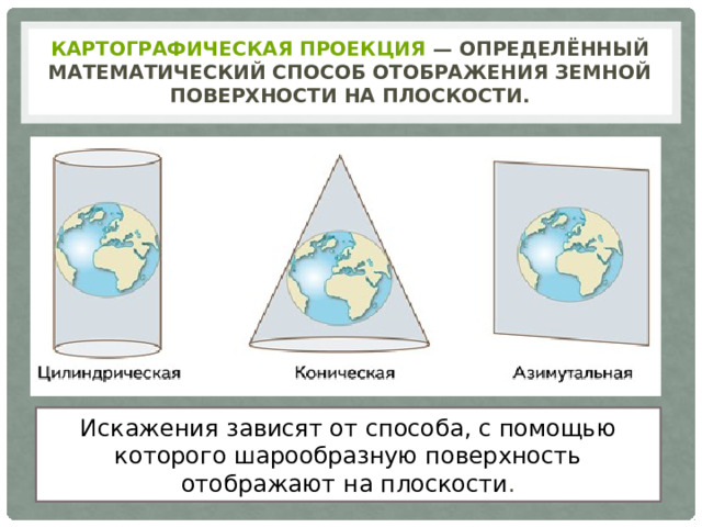картографическая проекция  — определённый математический способ отображения земной поверхности на плоскости. Искажения зависят от способа, с помощью которого шарообразную поверхность отображают на плоскости . 