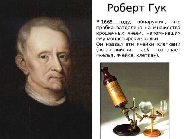 Роберт Гук    В  1665 году , обнаружил, что пробка разделена на множество крошечных  ячеек,  напомнивших  ему монастырские кельи Он назвал эти  ячейки клетками (по-английски cell означает «келья, ячейка, клетка»). 
