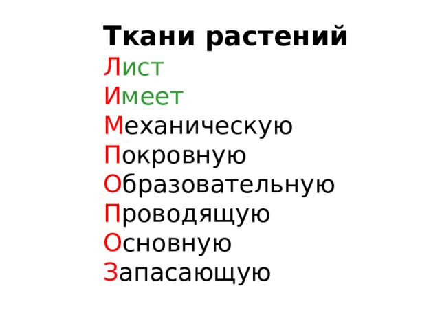 Ткани растений Л ист И меет М еханическую П окровную О бразовательную П роводящую О сновную З апасающую 