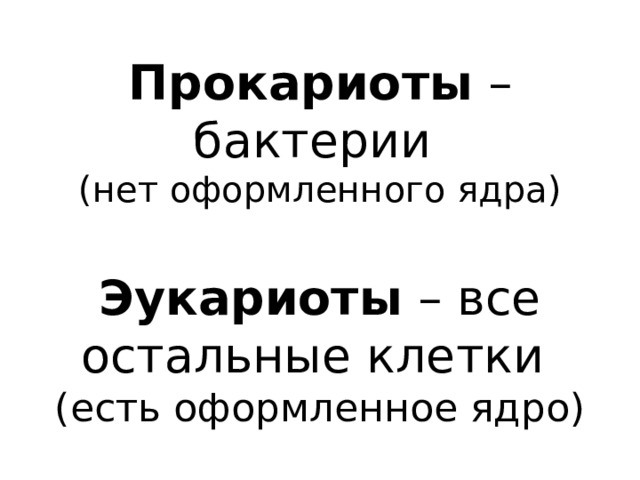 Прокариоты – бактерии  (нет оформленного ядра)   Эукариоты – все остальные клетки  (есть оформленное ядро) 