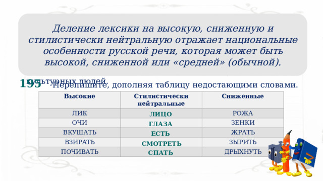 Стилистически нейтральная высокая лексика урок 6 класс. Стилистически нейтральная и высокая лексика 6 класс. Стилистические пласты лексики 6 класс. Сниженная лексика 6 класс. Стилистически нейтральная высокая лексика разработка урока 6 класс.