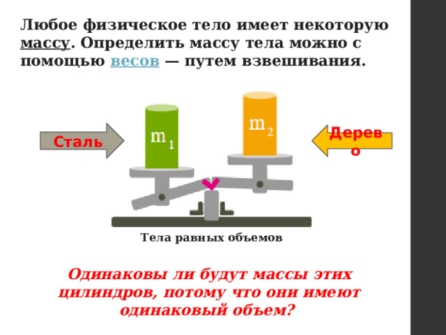 Любое физическое тело имеет некоторую  массу . Определить массу тела можно с помощью  весов  — путем взвешивания. Сталь Дерево Тела равных объемов Одинаковы ли будут массы этих цилиндров, потому что они имеют одинаковый объем? 