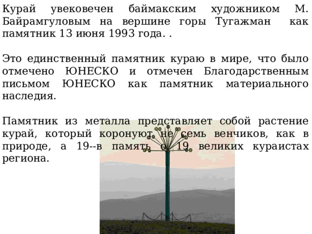 Курай увековечен баймакским художником М. Байрамгуловым на вершине горы Тугажман как памятник 13 июня 1993 года. . Это единственный памятник кураю в мире, что было отмечено ЮНЕСКО и отмечен Благодарственным письмом ЮНЕСКО как памятник материального наследия. Памятник из металла представляет собой растение курай, который коронуют не семь венчиков, как в природе, а 19--в память о 19 великих кураистах региона. 