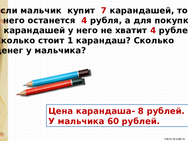 Если мальчик купит 7 карандашей, то у него останется 4 рубля, а для покупки 8 карандашей у него не хватит 4 рублей. Сколько стоит 1 карандаш? Сколько денег у мальчика? Цена карандаша- 8 рублей. У мальчика 60 рублей. 