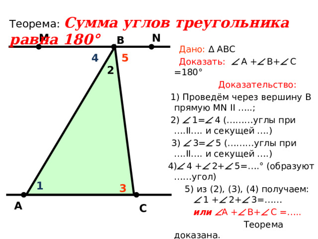 Теорема:  Сумма углов треугольника равна 180° М N В  Дано: ∆ АВС  Доказать:   А +  В+  С =180°  Доказательство:  1) Проведём через вершину В прямую MN II …..;  2)  1=  4 (………углы при ….II…. и секущей ….)  3)  3=  5 (………углы при ….II…. и секущей ….)  4)  4 +  2+  5=….° (образуют ……угол)  5) из (2), (3), (4) получаем:  1 +  2+  3=……  или  А +  В+  С =…..  Теорема доказана.    4 5 2 1 3   А С 