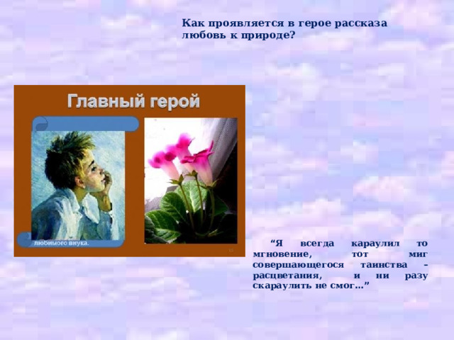 Как проявляется в герое рассказа любовь к природе?     “ Я всегда караулил то мгновение, тот миг совершающегося таинства – расцветания, и ни разу скараулить не смог …” 