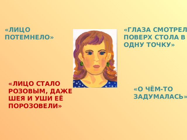 «ГЛАЗА СМОТРЕЛИ ПОВЕРХ СТОЛА В ОДНУ ТОЧКУ» «ЛИЦО ПОТЕМНЕЛО» «ЛИЦО СТАЛО РОЗОВЫМ, ДАЖЕ ШЕЯ И УШИ ЕЁ ПОРОЗОВЕЛИ» «О ЧЁМ-ТО ЗАДУМАЛАСЬ» 