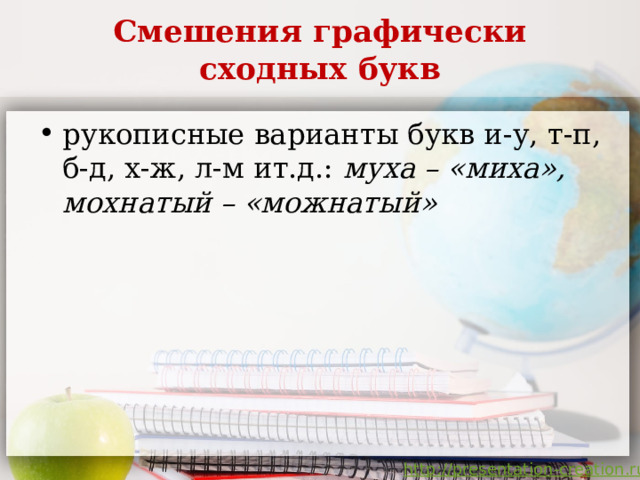 Смешения графически сходных букв рукописные варианты букв и-у, т-п, б-д, х-ж, л-м ит.д.: муха – «миха», мохнатый – «можнатый»   