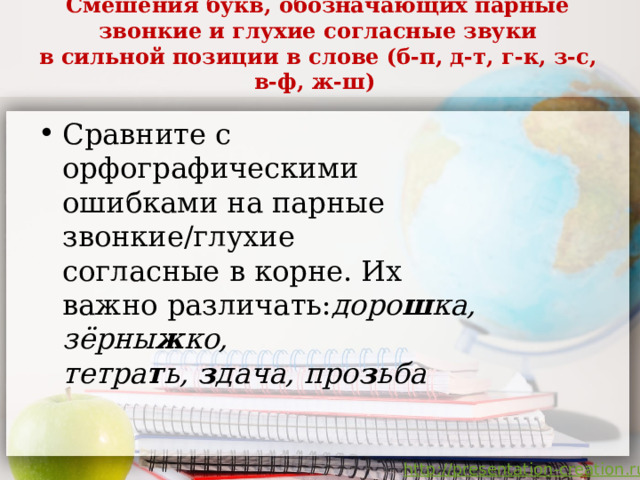 Смешения букв, обозначающих парные звонкие и глухие согласные звуки  в сильной позиции в слове (б-п, д-т, г-к, з-с, в-ф, ж-ш)    Сравните с  орфографическими  ошибками на парные  звонкие/глухие  согласные в корне. Их  важно различать: доро ш ка, зёрны ж ко,  тетра т ь, з дача, про з ьба   