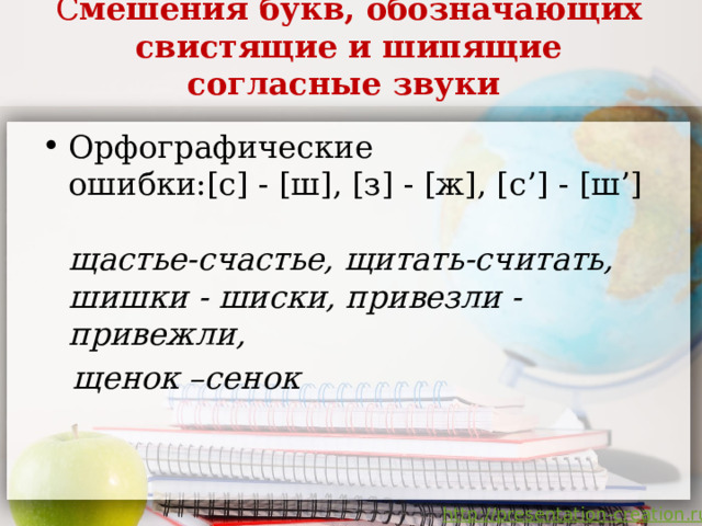 С мешения букв, обозначающих свистящие и шипящие согласные звуки    Орфографические  ошибки:[c] - [ш], [з] - [ж], [с’] - [ш’]   щастье-счастье, щитать-считать, шишки - шиски, привезли - привежли,  щенок –сенок     