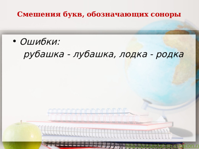  Смешения букв, обозначающих соноры    Ошибки:  рубашка - лубашка, лодка - родка    