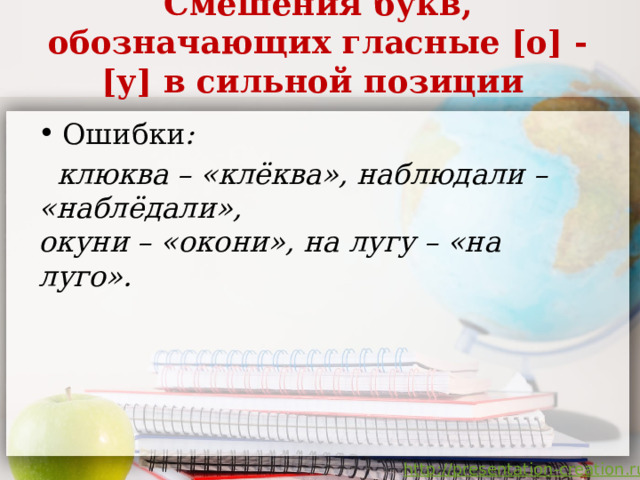 Смешения букв, обозначающих гласные [о] - [у] в сильной позиции    Ошибки :  клюква – «клёква», наблюдали – «наблёдали»,  окуни – «окони», на лугу – «на луго».    