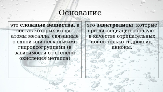 Основание это  сложные   вещества , в состав которых входят атомы металла, связанные с одной или несколькими гидроксогруппами (в зависимости от степени окисления металла) это  электролиты , которые при диссоциации образуют в качестве отрицательных ионов только гидроксид-анионы. 