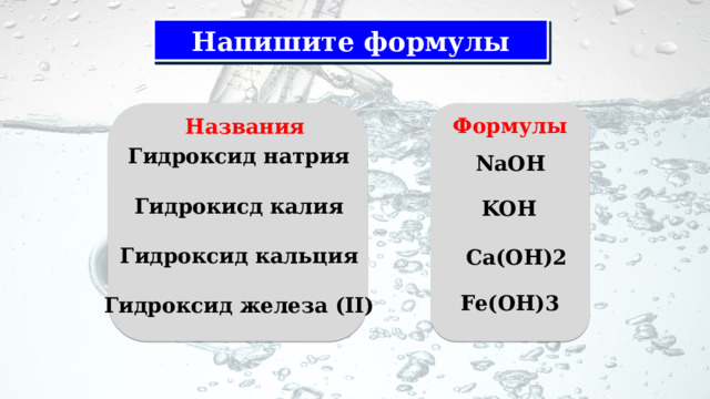 Напишите формулы Формулы Названия Гидроксид натрия  Гидрокисд калия  Гидроксид кальция  Гидроксид железа (II) NaOH KOH Ca(OH)2 Fe(OH)3 