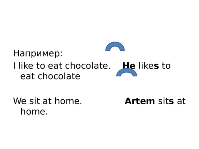Например: I like to eat chocolate. He like s to eat chocolate We sit at home. Artem sit s at home. 