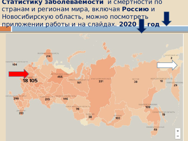Статистику заболеваемости и смертности по странам и регионам мира, включая Россию и Новосибирскую область, можно посмотреть приложении работы и на слайдах. 2020 год 