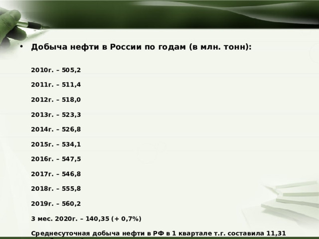 Добыча нефти в России по годам (в млн. тонн):    2010г. – 505,2   2011г. – 511,4   2012г. – 518,0   2013г. – 523,3   2014г. – 526,8   2015г. – 534,1   2016г. – 547,5   2017г. – 546,8   2018г. – 555,8   2019г. – 560,2   3 мес. 2020г. – 140,35 (+ 0,7%)   Среднесуточная добыча нефти в РФ в 1 квартале т.г. составила 11,31 млн. баррелей.   