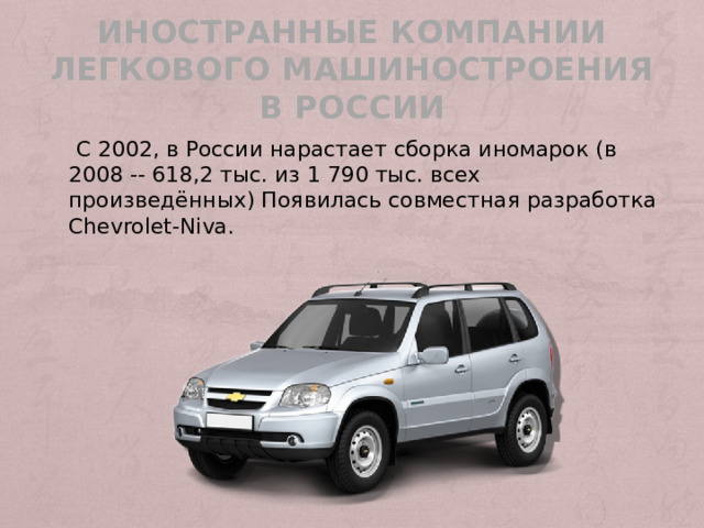 Иностранные компании легкового машиностроения в России  С 2002, в России нарастает сборка иномарок (в 2008 -- 618,2 тыс. из 1 790 тыс. всех произведённых) Появилась совместная разработка Chevrolet-Niva. 