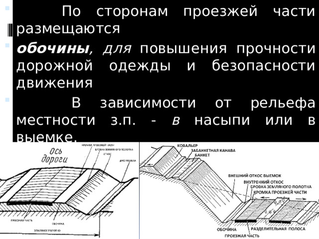  По сторонам проезжей части размещаются обочины , для повышения прочности дорожной одежды и безопасности движения  В зависимости от рельефа местности з.п. - в насыпи или в выемке. 