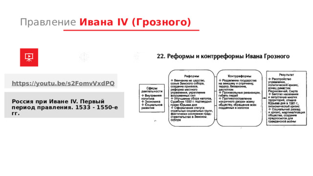 Правление Ивана IV (Грозного) https://youtu.be/s2FomvVxdPQ Россия при Иване IV. Первый период правления. 1533 - 1550-е гг.  1 