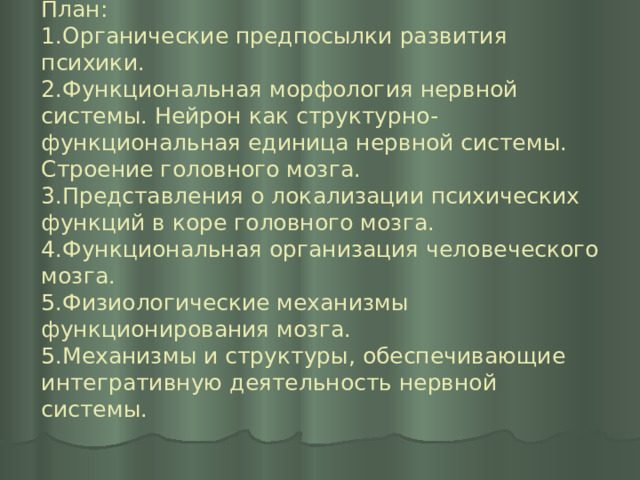 План:  1.Органические предпосылки развития психики.  2.Функциональная морфология нервной системы. Нейрон как структурно-функциональная единица нервной системы. Строение головного мозга.  3.Представления о локализации психических функций в коре головного мозга.  4.Функциональная организация человеческого мозга.  5.Физиологические механизмы функционирования мозга.  5.Механизмы и структуры, обеспечивающие интегративную деятельность нервной системы.   