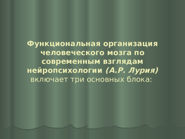 Функциональная организация человеческого мозга по современным взглядам нейропсихологии (А.Р. Лурия)  включает три основных блока:   