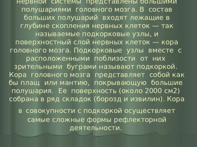 Наиболее высокие отделы центральной нервной системы представлены большими полушариями головного мозга. В состав больших полушарий входят лежащие в глубине скопления нервных клеток — так называемые подкорковые узлы, и поверхностный слой нервных клеток — кора головного мозга. Подкорковые узлы вместе с расположенными поблизости от них зрительными буграми называют подкоркой. Кора головного мозга представляет собой как бы плащ или мантию, покрывающую большие полушария. Ее поверхность (около 2000 см2) собрана в ряд складок (борозд и извилин). Кора в  совокупности с подкоркой осуществляет самые сложные формы рефлекторной деятельности.   