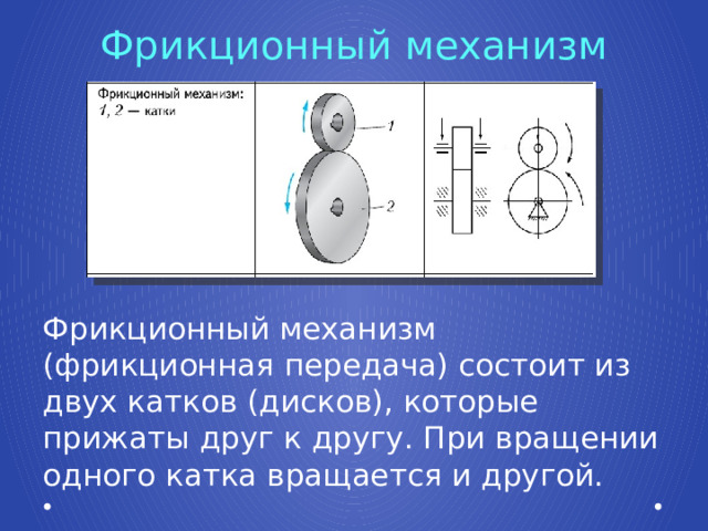 Фрикционный механизм Фрикционный механизм (фрикционная передача) состоит из двух катков (дисков), которые прижаты друг к другу. При вращении одного катка вращается и другой. 