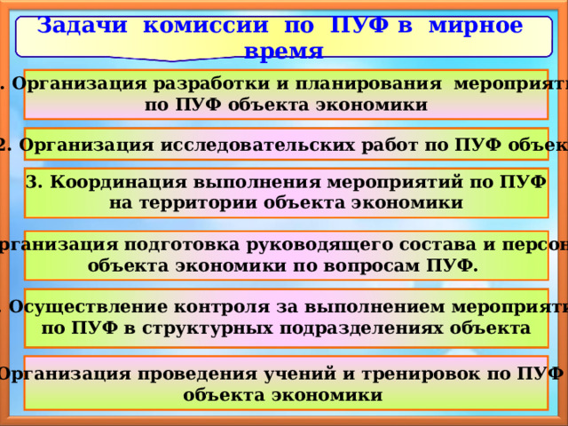 Задачи комиссии по ПУФ в мирное время  1. Организация разработки и планирования мероприятий по ПУФ объекта экономики  2. Организация исследовательских работ по ПУФ объекта  3. Координация выполнения мероприятий по ПУФ на территории объекта экономики 4. Организация подготовка руководящего состава и персонала объекта экономики по вопросам ПУФ.  5. Осуществление контроля за выполнением мероприятий по ПУФ в структурных подразделениях объекта 6. Организация проведения учений и тренировок по ПУФ на объекта экономики 