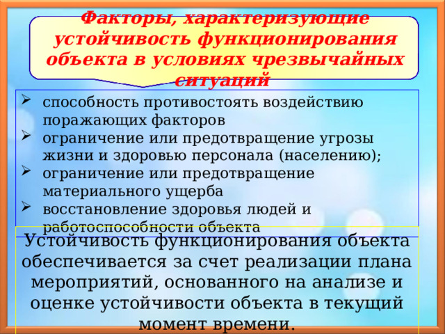 Факторы, характеризующие устойчивость функционирования объекта в условиях чрезвычайных ситуаций способность противостоять воздействию поражающих факторов ограничение или предотвращение угрозы жизни и здоровью персонала (населению); ограничение или предотвращение материального ущерба восстановление здоровья людей и работоспособности объекта Устойчивость функционирования объекта обеспечивается за счет реализации плана мероприятий, основанного на анализе и оценке устойчивости объекта в текущий момент времени. 