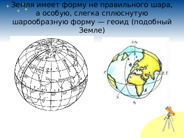 Земля имеет форму не правильного шара, а особую, слегка сплюснутую шарообразную форму — геоид (подобный Земле) 