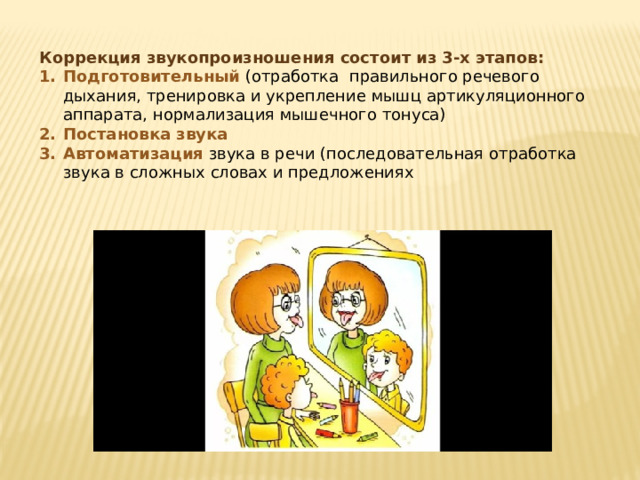 Коррекция звукопроизношения состоит из 3-х этапов: Подготовительный (отработка правильного речевого дыхания, тренировка и укрепление мышц артикуляционного аппарата, нормализация мышечного тонуса) Постановка звука Автоматизация звука в речи (последовательная отработка звука в сложных словах и предложениях 