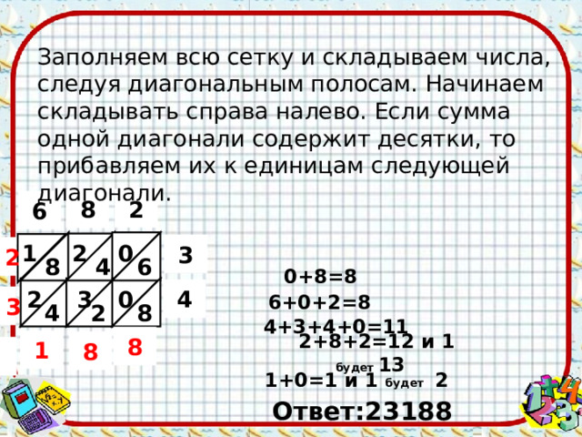 Заполняем всю сетку и складываем числа, следуя диагональным полосам. Начинаем складывать справа налево. Если сумма одной диагонали содержит десятки, то прибавляем их к единицам следующей диагонали. 2 8 6 2   0     1   3 6   8   4     2  0+8=8   2   0   3   4 2      4   8   3 6+0+2=8   4+3+4+0=11         8       1 8   2+8+2=12 и 1  будет 13 1+0=1 и 1 будет 2 Ответ:23188  