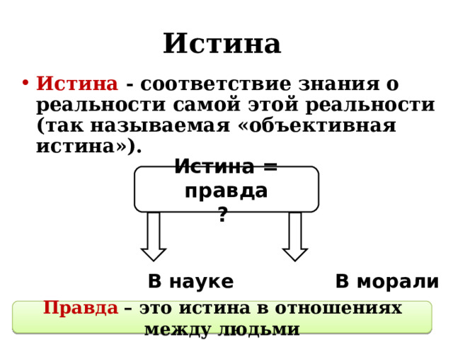 Истина  Истина - соответствие знания о реальности самой этой реальности (так называемая «объективная истина»).  В науке В морали   Истина = правда ? Правда – это истина в отношениях между людьми  