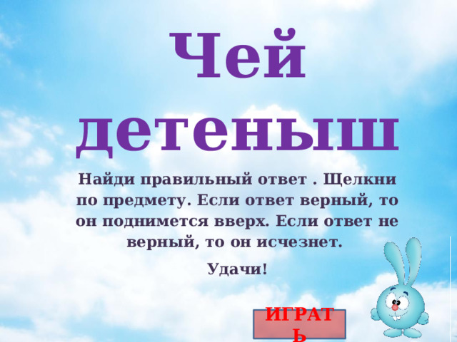 Чей детеныш Найди правильный ответ . Щелкни по предмету. Если ответ верный, то он поднимется вверх. Если ответ не верный, то он исчезнет. Удачи! ИГРАТЬ 