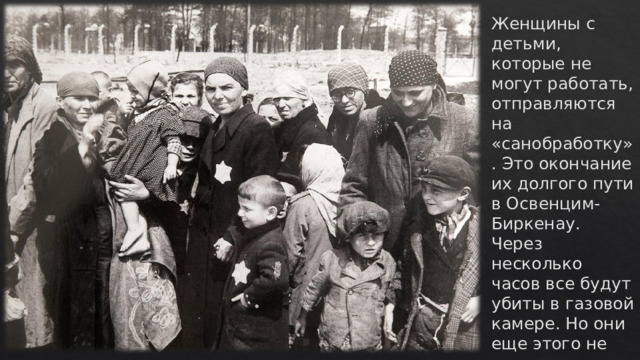 Женщины с детьми, которые не могут работать, отправляются на «санобработку». Это окончание их долгого пути в Освенцим-Биркенау. Через несколько часов все будут убиты в газовой камере. Но они еще этого не знают. 