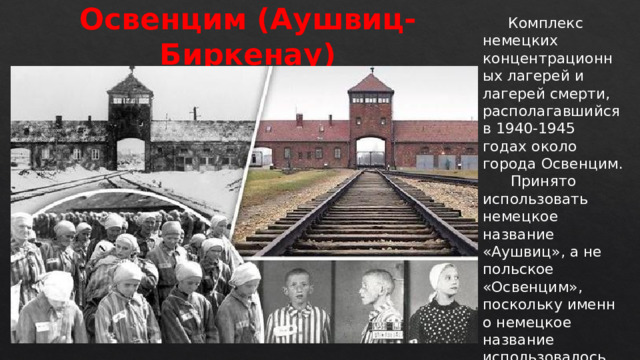 Освенцим (Аушвиц-Биркенау)  Комплекс немецких концентрационных лагерей и лагерей смерти, располагавшийся в 1940-1945 годах около города Освенцим.  Принято использовать немецкое название «Аушвиц», а не польское «Освенцим», поскольку именно немецкое название использовалось нацистской администрацией. 