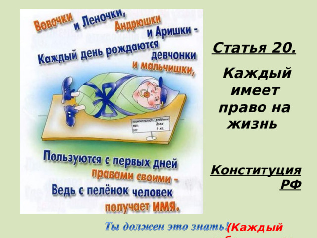 Статья 20.  Каждый имеет право на жизнь  Конституция РФ  (Каждый ребенок имеет право на жизнь) 