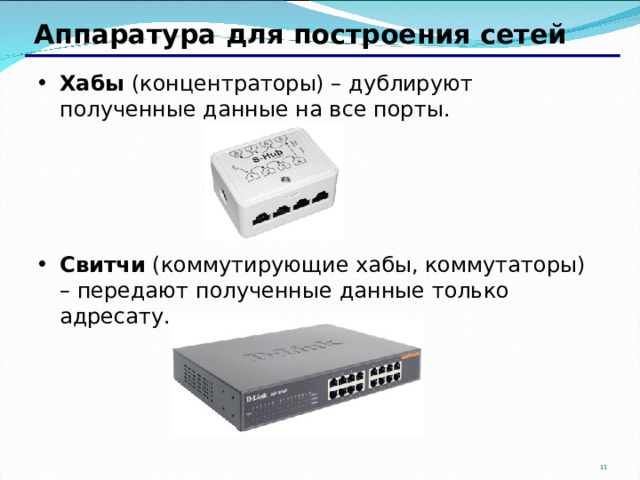 Аппаратура для построения сетей Хабы (концентраторы) – дублируют полученные данные на все порты.    Свитчи (коммутирующие хабы, коммутаторы) – передают полученные данные только адресату. 10 10 