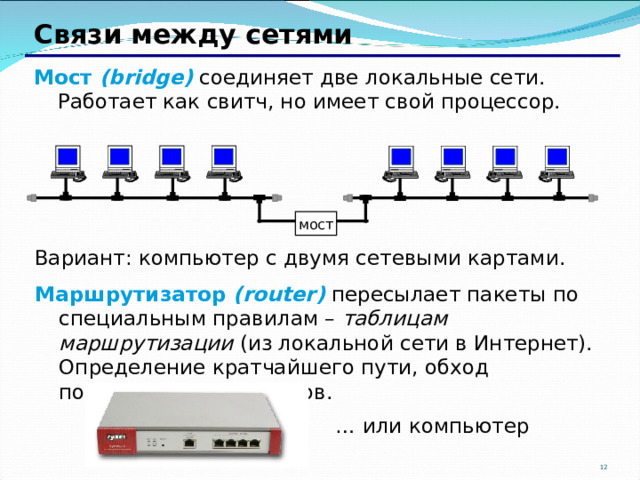 Связи между сетями Мост ( bridge ) соединяет две локальные сети. Работает как свитч, но имеет свой процессор.         мост Вариант: компьютер с двумя сетевыми картами. Маршрутизатор ( router ) пересылает пакеты по специальным правилам – таблицам маршрутизации (из локальной сети в Интернет). Определение кратчайшего пути, обход поврежденных участков. … или компьютер 10 12 